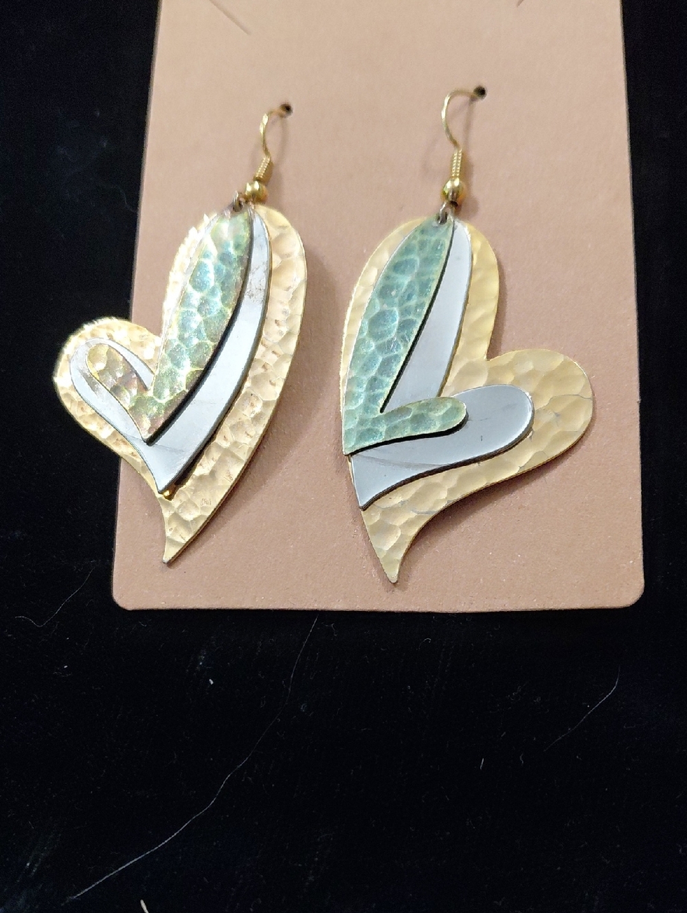 Gold and Green Hammered Heart Drop Earrings - Women Jewelry